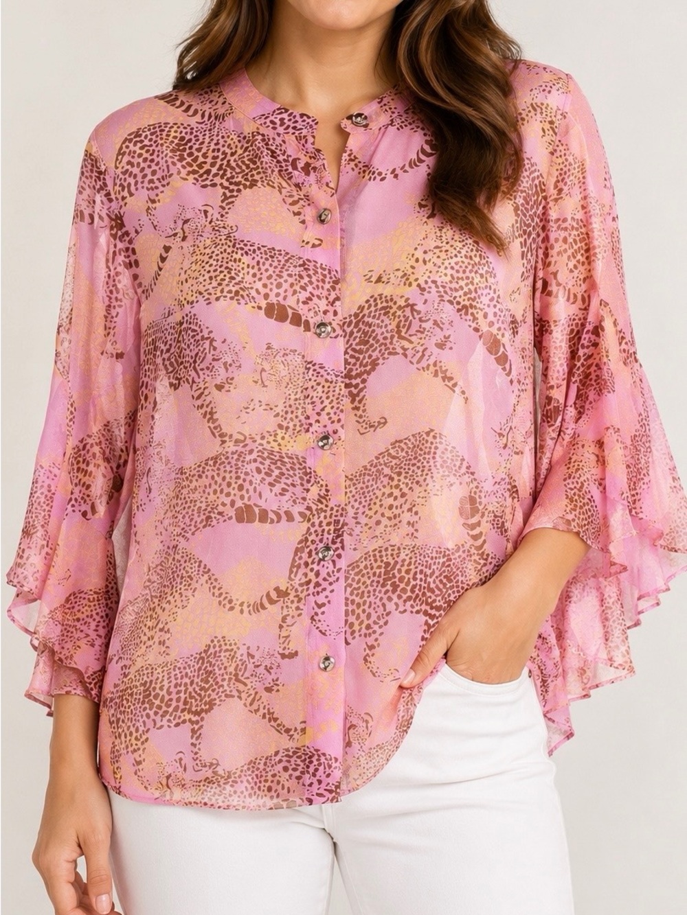CAbi Pink Printed Ruffle-Sleeve Button Down Shirt